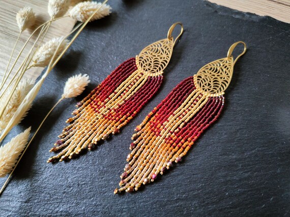 Handmade Turquoise and gold beaded fringe earrings India  Ubuy