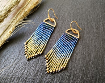 Handmade ombre fringe earrings &quot;Odoti&quot; in blue and green colors, handwoven earrings with Miyuki Delica beads and brass cubes