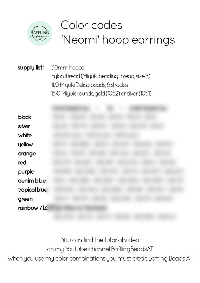 Bead Graph & Color Codes for 10 Neomi Hoop Earring Variations, Ombre