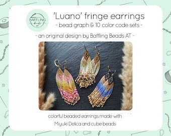 Gráfico de cuentas y códigos de color para 10 variaciones de aretes con flecos de Luano, degradado ombré con Miyuki Delica, patrón digital para aretes DIY