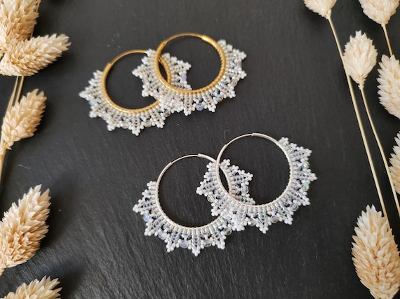 Handmade Hoop Earrings coburn in Crystal White Lightweight Brass and Silver Colored Earrings With Miyuki Delica Beads Etsy Canada