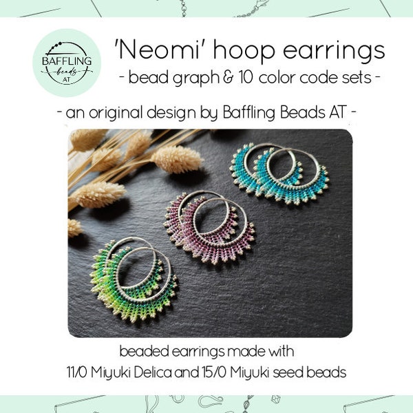 Bead graph & color codes for 10 Neomi hoop earring variations, ombre gradients with Miyuki Delica beads, digital pattern for beaded earrings