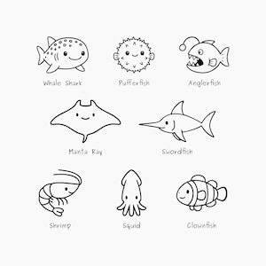 以下が含まれることがあります： クジラザメ、フグ、アンコウ、マンタ、カジキ、エビ、イカ、クマノミなど、さまざまな海の生き物を描いた白黒イラスト。各生き物には名前が付けられています。