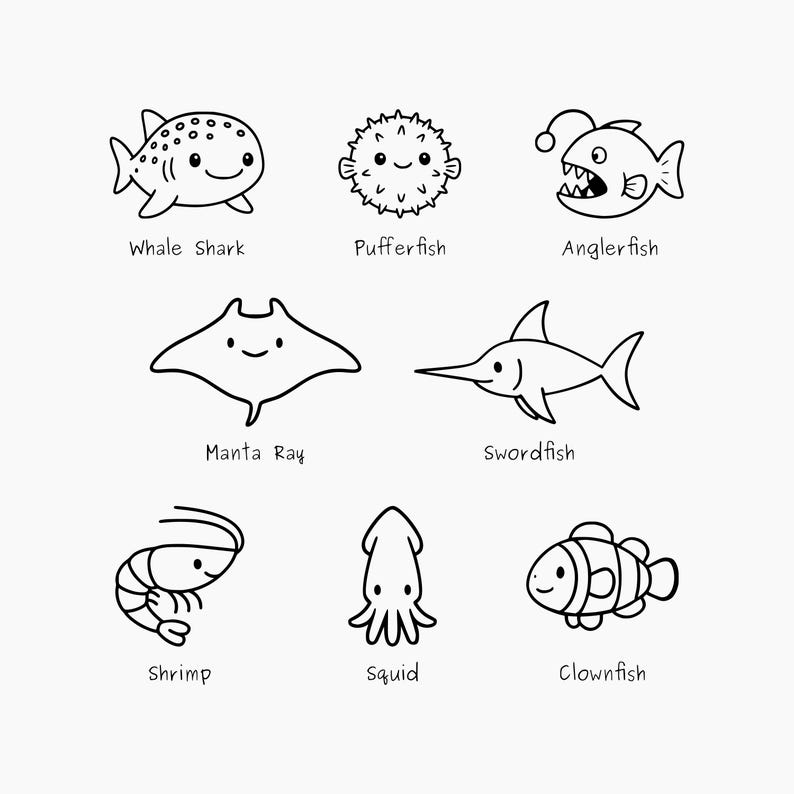 以下が含まれることがあります： クジラザメ、フグ、アンコウ、マンタ、カジキ、エビ、イカ、クマノミなど、さまざまな海の生き物を描いた白黒イラスト。各生き物には名前が付けられています。