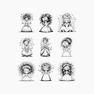 Può includere: Nove illustrazioni in bianco e nero di spose con diverse espressioni di panico e angoscia. Le spose indossano abiti bianchi e veli. Alcune hanno fiori nei capelli e altre hanno i capelli che cadono.