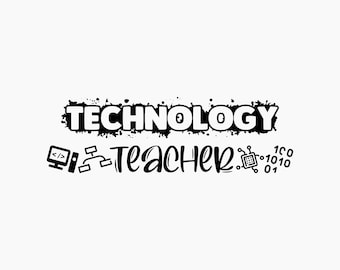 Puede incluir: Diseño gráfico en blanco y negro con el texto "TECHNOLOGY TEACHER" en una fuente en negrita y estilizada. El diseño incluye iconos que representan una computadora, una conexión de red y una placa de circuito.