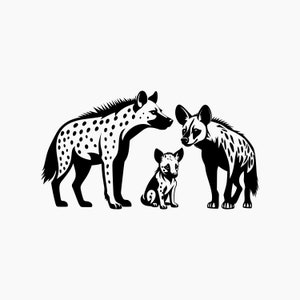 May include: A black and white illustration of three hyenas. Two adult hyenas stand, and a smaller hyena sits between them. The adult hyenas have spotted patterns, while the smaller one has a similar pattern.