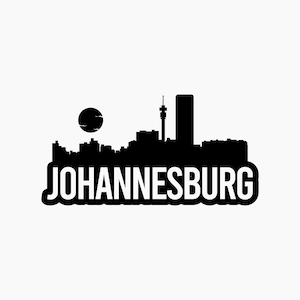 May include: Black and white Johannesburg skyline silhouette with the city name in bold, outlined letters. The image includes a sun and iconic buildings, perfect for travel-themed merchandise.
