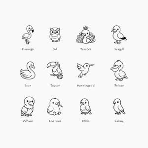 Paquete SVG de pájaros kawaii: flamencos, búhos, pavos reales, colibríes, tucanes, pelícanos, petirrojos, canarios y más. Archivos de corte SVG, PNG, EPS, DXF.