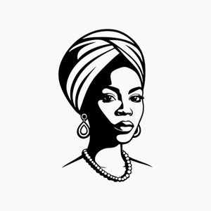 Könnte beinhalten: Schwarz-weiß-Illustration einer Frau mit Turban und Perlenkette. Sie trägt große Creolen und blickt direkt auf den Betrachter.
