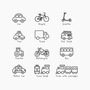 Könnte beinhalten: Schwarz-weiße Strichzeichnungen verschiedener Fahrzeuge: Auto, Fahrrad, Roller, Taxi, LKW, Feuerwehrwagen, Traktor, Motorrad, Bus, Polizeiauto, Zugkopf und Zug mit Waggons. Jedes Fahrzeug ist beschriftet.