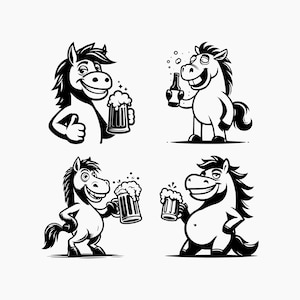 Caballo divertido con una cerveza. Paquete de 4 SVG. Archivos de corte Svg Png Eps Dxf.