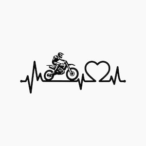 May include: Black and white silhouette of a motocross rider on a dirt bike with a heartbeat line and a heart symbol.