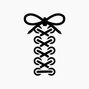 May include: Black and white illustration of shoelaces tied in a bow at the top and crisscrossed down the length of the laces.