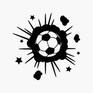 May include: Black and white illustration of a soccer ball with a starburst effect around it.
