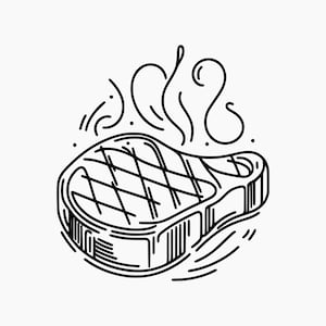 Puede incluir: Un dibujo en blanco y negro de un bistec a la parrilla con vapor saliendo de él.