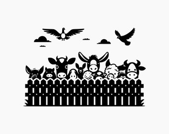 Animals Peeking from Farm Fence. Svg Png Eps Dxf Cut files.