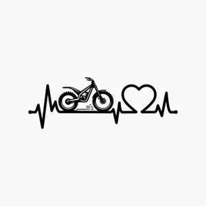 Può includere: Illustrazione in bianco e nero di una motocicletta con una linea di battito cardiaco e un simbolo di cuore.