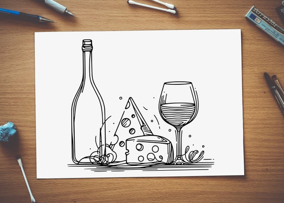 ワインとチーズ。線画。SVG、PNG、EPS、DXF カット ファイル。 - Etsy 日本