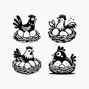 Può includere: Quattro illustrazioni in bianco e nero di galline sedute in nidi con uova. Ogni gallina è in una posa diversa, e i nidi hanno tutti forme diverse.