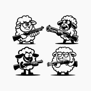 May include: Four cartoon sheep holding shotguns. Each sheep has a different facial expression. The sheep are all white with black eyes and noses.