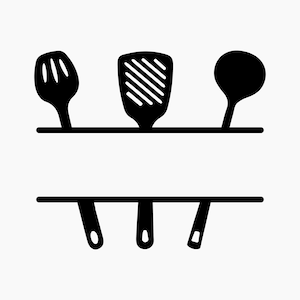 May include: Black and white illustration of three kitchen utensils hanging on a rack. The utensils include a slotted spoon, a spatula, and a ladle.