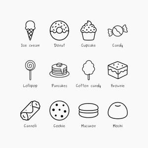 Kawaii-efterrättspaket - glass, munk, muffin, godis, klubba, pannkakor, sockervadd, brownie och mer. Svg Png Eps Dxf Cut-filer.