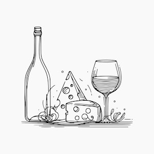 Peut inclure: Un dessin au trait noir et blanc d'une bouteille de vin, d'un verre de vin et de deux morceaux de fromage.