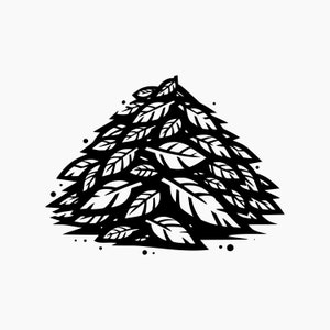 Puede incluir: Una ilustración en blanco y negro de un montón de hojas. Las hojas están dispuestas en forma de triángulo, con el punto del triángulo en la parte superior de la imagen. Las hojas son de diferentes tamaños y formas, y se superponen entre sí.