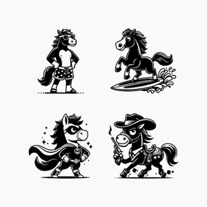 Caballo de divertidos dibujos animados. Gafas de sol, Surf, Superhéroe, Vaquero. Paquete de 4 SVG. Archivos de corte Svg Png Eps Dxf.