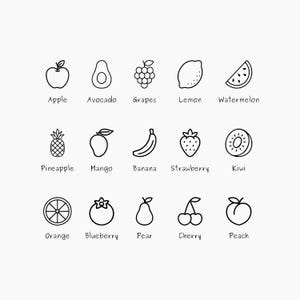 May include: A collection of 15 black and white line drawings of various fruits, including an apple, avocado, grapes, lemon, watermelon, pineapple, mango, banana, strawberry, kiwi, orange, blueberry, pear, cherry, and peach. Each fruit is labeled.