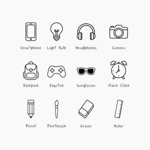 May include: A collection of black and white line art icons including a smartphone, light bulb, headphones, camera, backpack, joystick, sunglasses, alarm clock, pencil, paintbrush, eraser, and ruler. Each icon has a descriptive label below it.