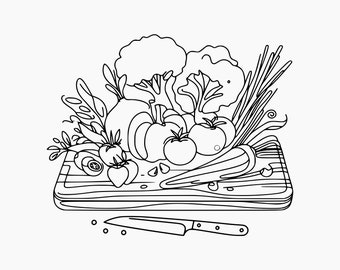 Cutting Board with Vegetables Line Drawing. Svg Png Eps Dxf Cut files.
