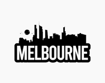 May include: Black and white silhouette of the Melbourne skyline with the word "MELBOURNE" in white text below.