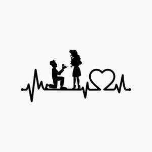 Può includere: Silhouette nera di una coppia che si fidanza con una linea di battito cardiaco e un simbolo di cuore.