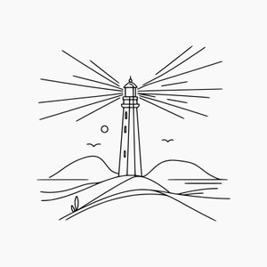 May include: A black and white line drawing of a lighthouse on a hill with a beam of light shining from the top. There are two birds flying in the sky and a small circle representing the sun.