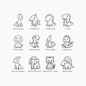 Puede incluir: Dibujos en blanco y negro de varias criaturas prehistóricas, incluidos dinosaurios, un mamut, un tigre dientes de sable y un pteranodon. Los nombres de cada criatura están escritos debajo de la imagen.