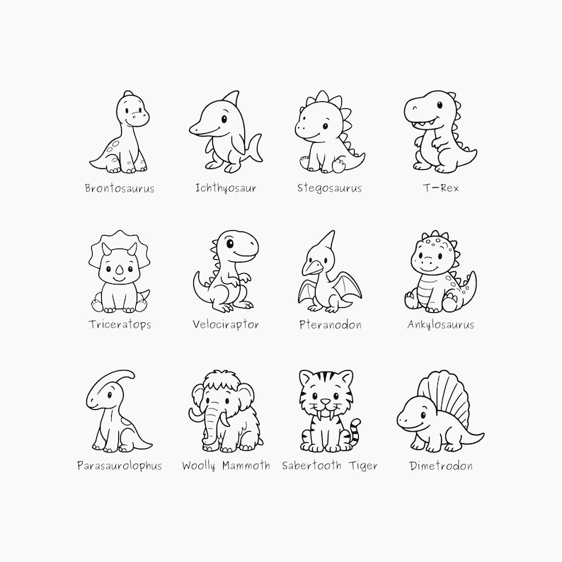 May include: Black and white line drawings of various prehistoric creatures, including dinosaurs, a mammoth, a sabertooth tiger, and a pteranodon. The names of each creature are written below the image.