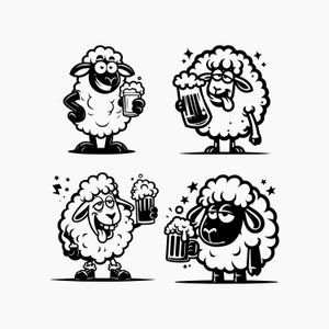 Grappige schapen met een biertje. 4 SVG-bundel. Svg Png Eps Dxf Cut-bestanden.