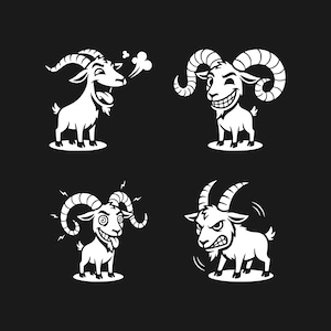 Könnte beinhalten: Vier weiße Cartoon-Ziegen-Illustrationen mit verschiedenen Ausdrücken auf schwarzem Hintergrund. Eine Ziege lacht, eine andere lächelt, eine dritte hat einen wahnsinnigen Blick und die letzte ist wütend.