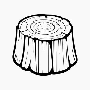 May include: A black and white line drawing of a tree stump with visible rings. The stump is round and has a rough texture.