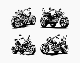 Trike-motorfiets. 4 SVG-bundel. Svg Png Eps Dxf Cut-bestanden.