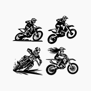 Może przedstawiać: Cztery czarno-białe ilustracje motocyklistów motocrossowych na motocyklach terenowych. Motocykliści są w kaskach i okularach ochronnych. Motocykle są w różnych pozach, w tym skaczą, skręcają i jadą po torze ziemnym.
