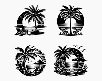 Op de afbeelding: Vier zwart-wit illustraties van tropische strandscenes. Elke scène toont een palmboom, strandstoelen en een zonsondergang of nachtelijke hemel. De illustraties zijn perfect voor gebruik in een verscheidenheid aan creatieve projecten.