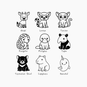 Puede incluir: Ilustraciones en blanco y negro de nueve animales diferentes: okapi, lémur, tarsio, pangolín, ornitorrinco, tapir, demonio de Tasmania, carpincho y narval. Cada animal está etiquetado con su nombre en una fuente sencilla.
