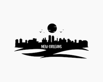 May include: Black and white silhouette of the New Orleans skyline with a sun and birds in the sky.