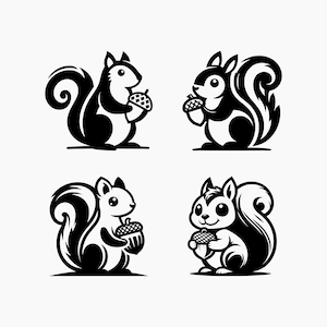 Op de afbeelding: Vier zwart-wit illustraties van eekhoorns die eikels vasthouden. Elk eekhoorn staat in een andere pose.