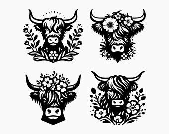 Highland Cow With Flowers. 4 Svg Bundle. Svg Png Eps Dxf Cut files.