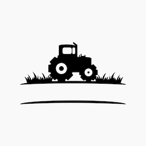 May include: Black silhouette of a tractor driving through a field of grass with a blank space below for text.