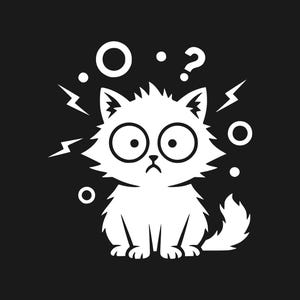 May include: A white cartoon cat with large eyes and a worried expression against a black background. The cat is surrounded by white lightning bolts, circles, and a question mark, suggesting confusion or surprise. The design is simple and graphic.